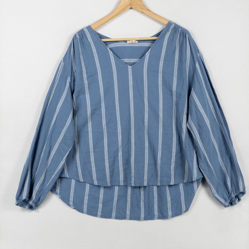 a.n.a. Top Blouse 2X Blue White Stripe Rayon Cotton Popover High Low Long Sleeve